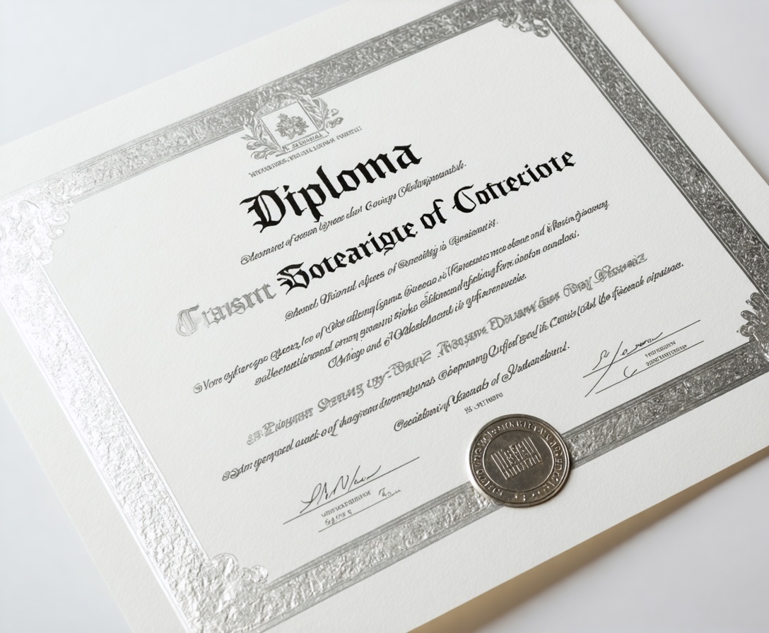 Close up of a high-quality physical diploma from Synthetix Design Academy with silver foil lettering