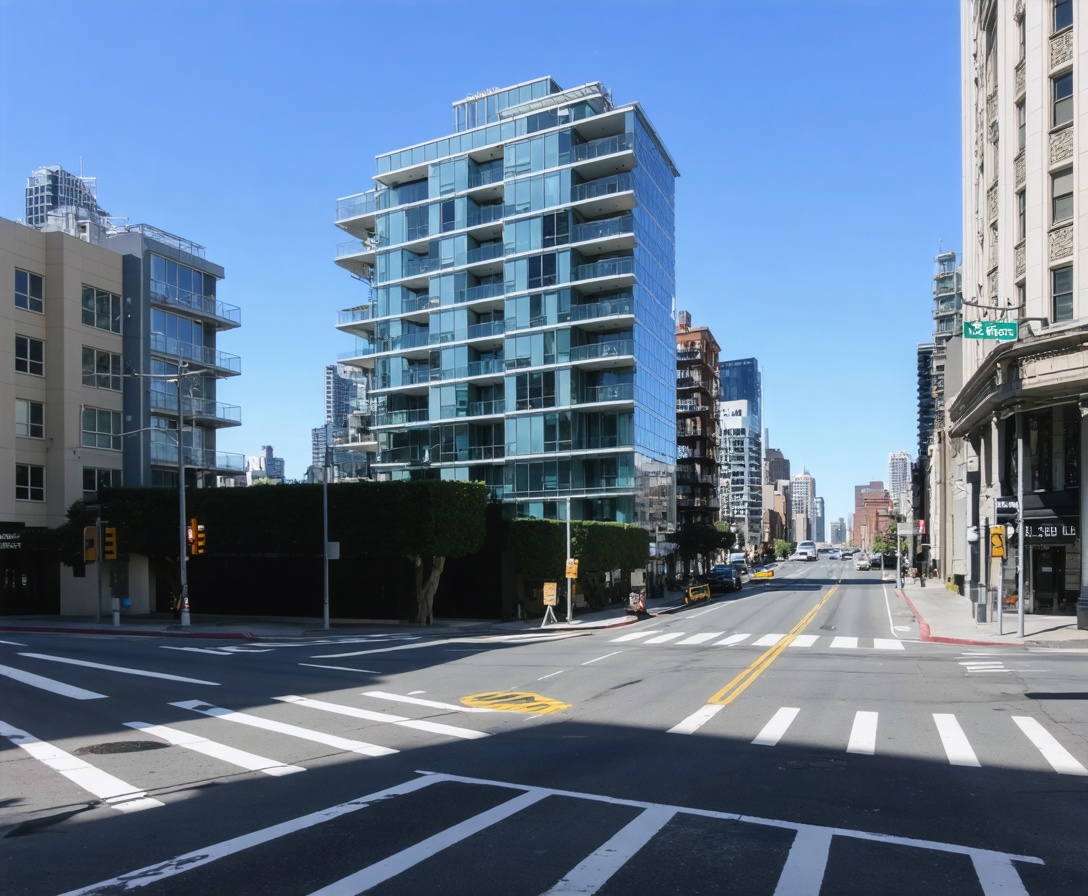 A high-angle urban street photograph of a San Francisco intersection with modern architecture