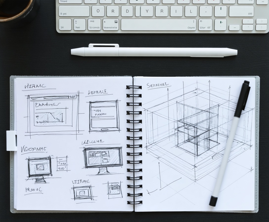 Designer's desk with wireframe sketches and digital tools