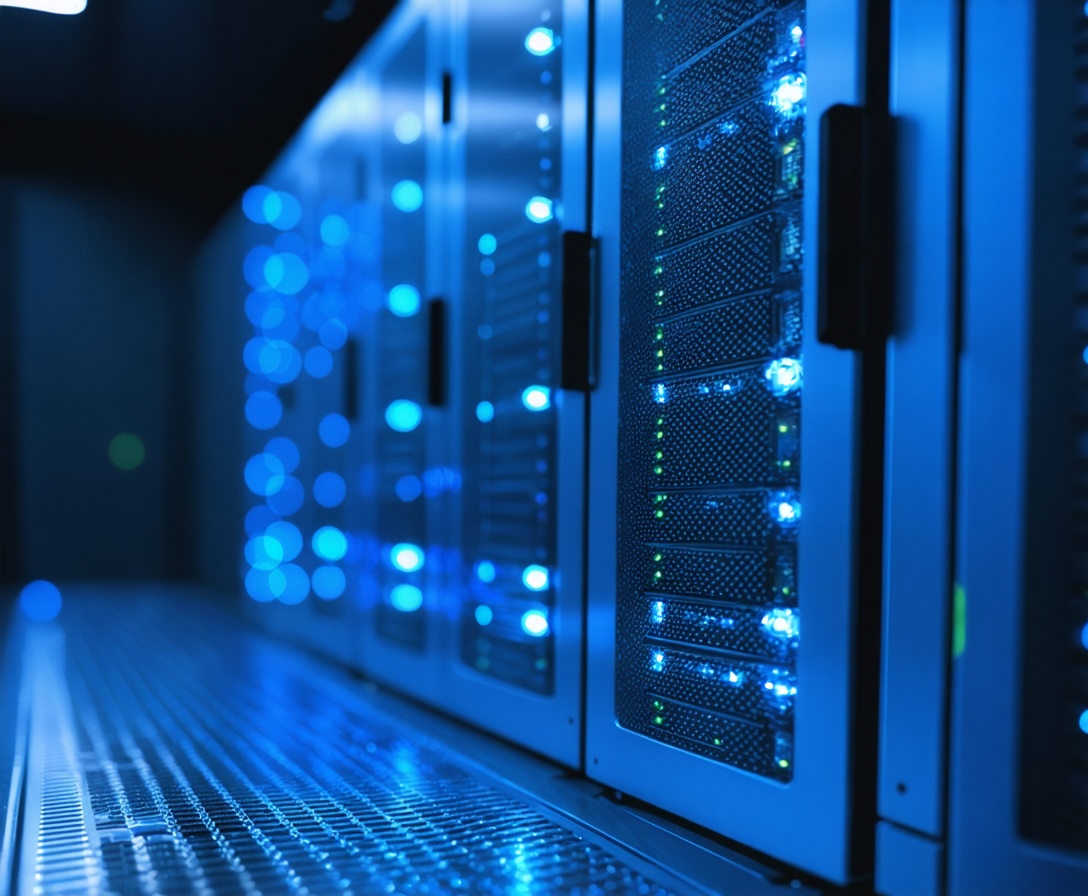Macro photography of a sleek metallic computer server with glowing blue status lights