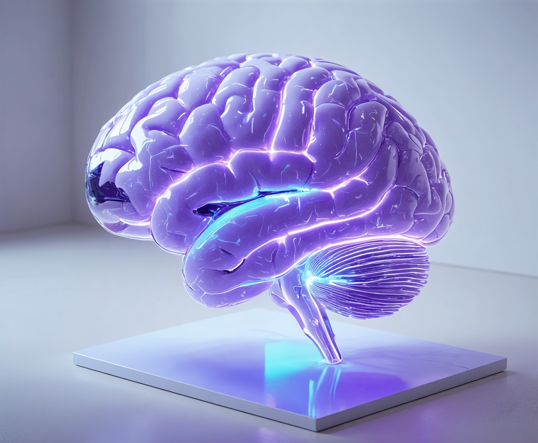 A futuristic 3D glass sculpture representing a digital brain, glowing with purple and teal light