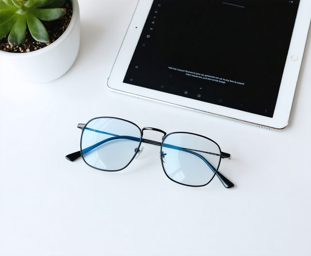 A pair of designer glasses resting on a clean white desk next to a digital tablet displaying a legal contract