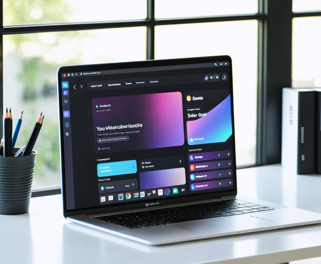 A minimalist workspace with a high-end laptop showing a complex, beautiful website designed using AI