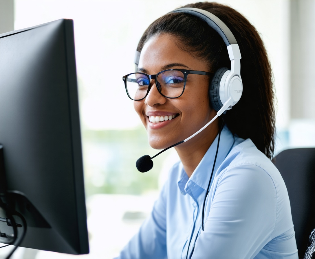 A friendly woman with glasses wearing a headset, smiling at a computer screen